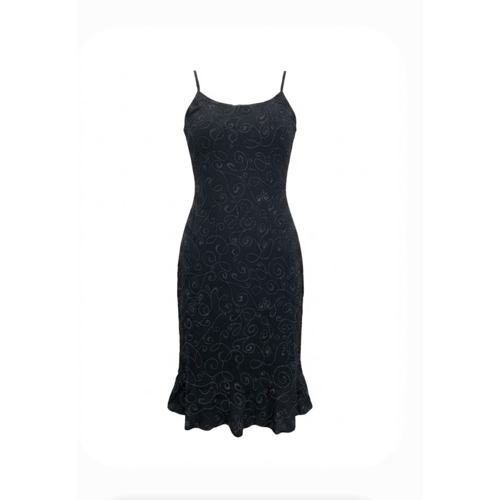 Cache Alexia Admor VTG Y2K Beaded Rouche Embroidered Black Slip Dress sz M